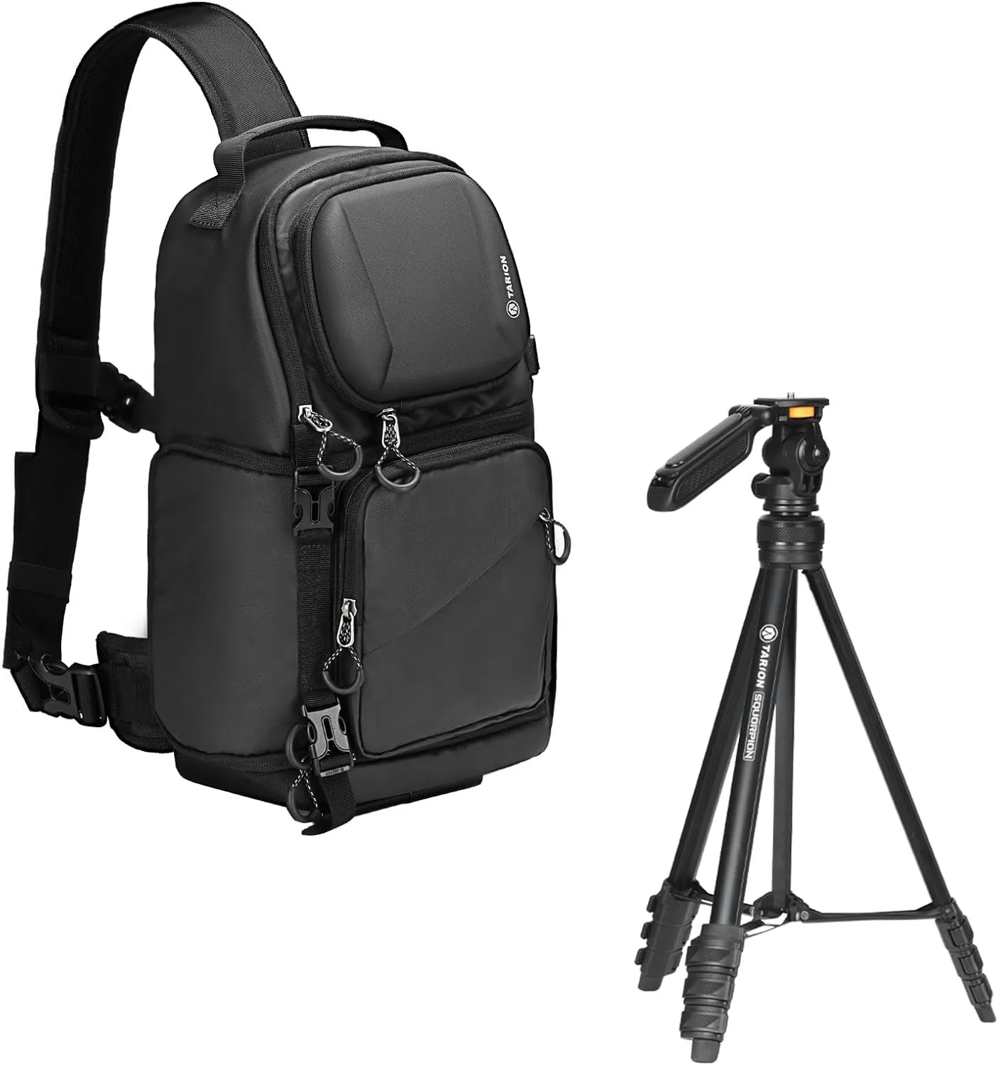 TARION Sling Backpack   Travel Tripod for Camera & Phone | 55"/139cm Aluminum Tall Lightweight Camera Tripod Stand with Phone Holder Squorpion & Camera Sling Bag DSLR Sling Pack Slingpack Black TR-S
