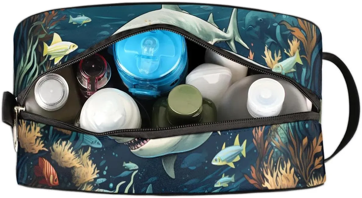 Travel Toiletry Bag for Women Men Fierce Sharks Hanging Cosmetic Bag Waterproof Makeup Bag for Shaving Makeup Toothbrush & Travel Essentials