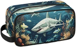 Travel Toiletry Bag for Women Men Fierce Sharks Hanging Cosmetic Bag Waterproof Makeup Bag for Shaving Makeup Toothbrush & Travel Essentials