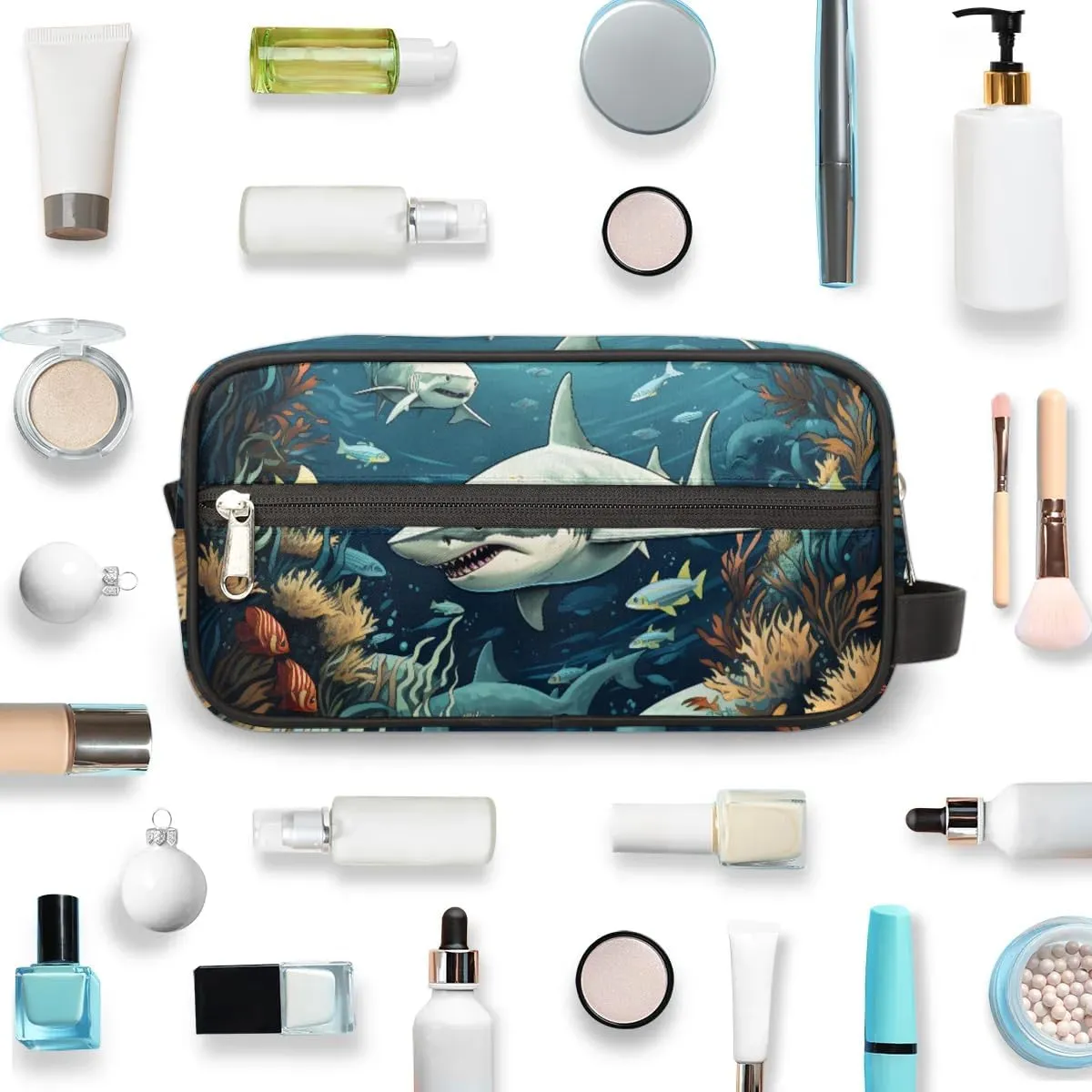 Travel Toiletry Bag for Women Men Fierce Sharks Hanging Cosmetic Bag Waterproof Makeup Bag for Shaving Makeup Toothbrush & Travel Essentials