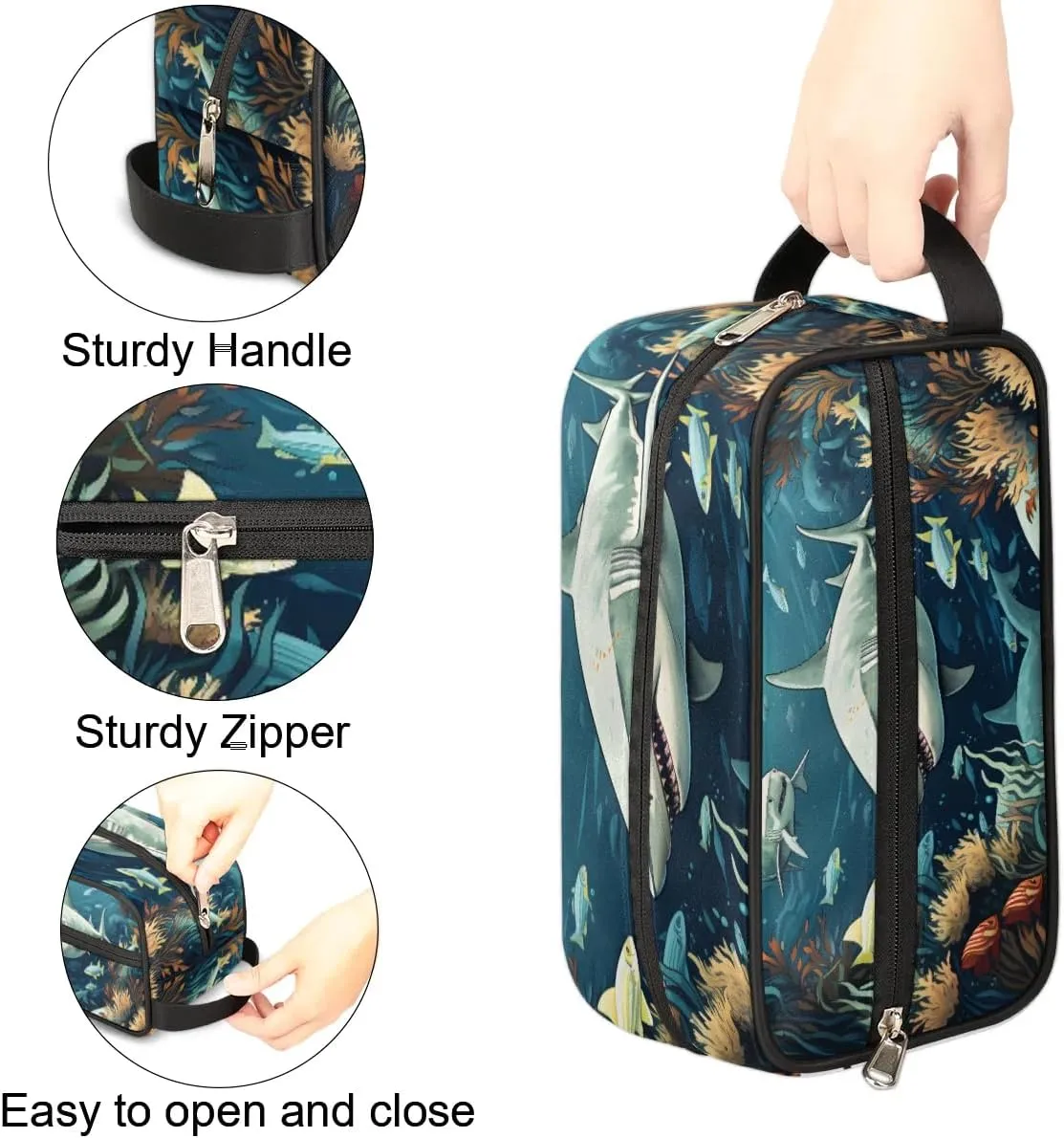 Travel Toiletry Bag for Women Men Fierce Sharks Hanging Cosmetic Bag Waterproof Makeup Bag for Shaving Makeup Toothbrush & Travel Essentials
