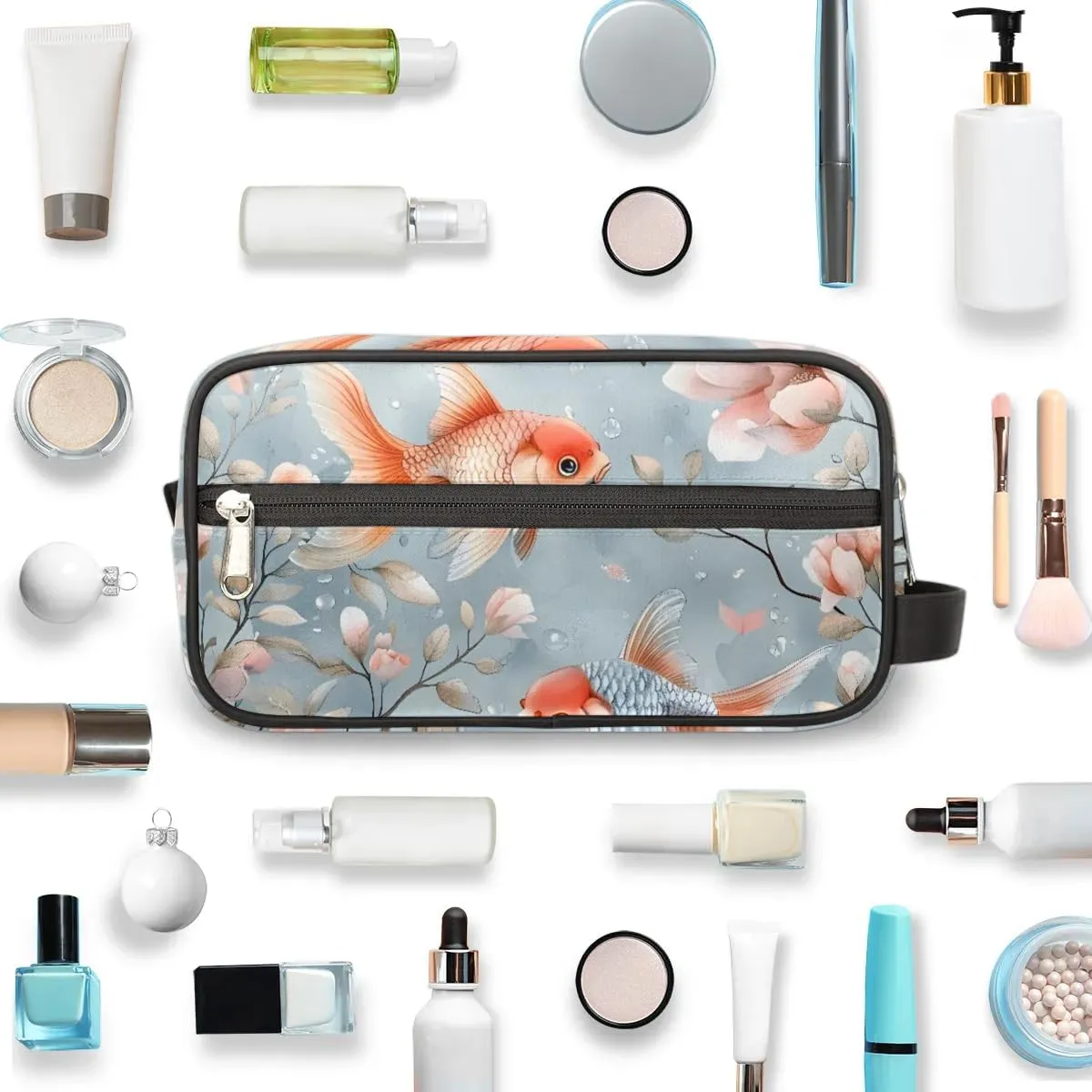 Travel Toiletry Bag for Women Men Fish Floral Hanging Cosmetic Bag Waterproof Makeup Bag for Shaving Makeup Toothbrush & Travel Essentials