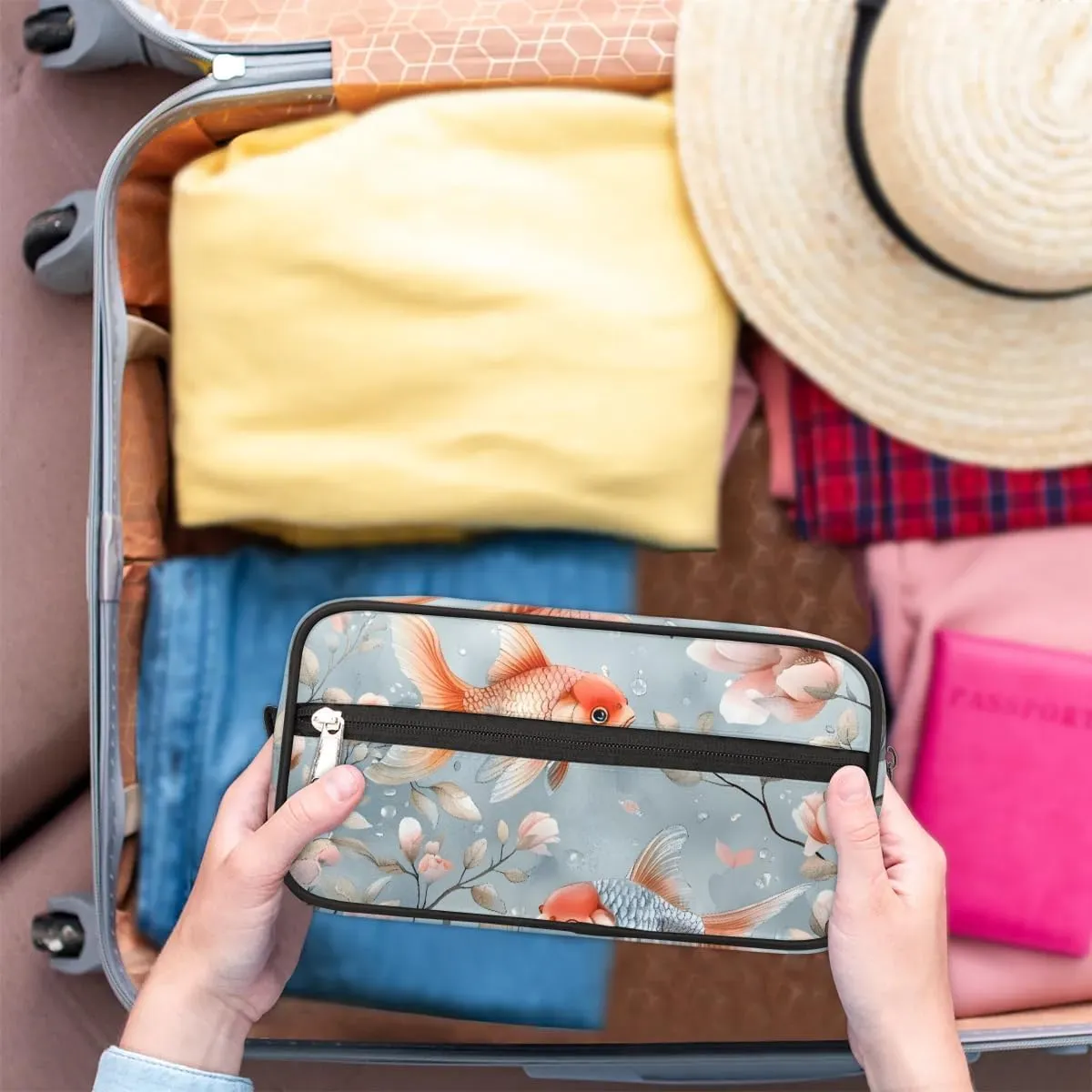 Travel Toiletry Bag for Women Men Fish Floral Hanging Cosmetic Bag Waterproof Makeup Bag for Shaving Makeup Toothbrush & Travel Essentials