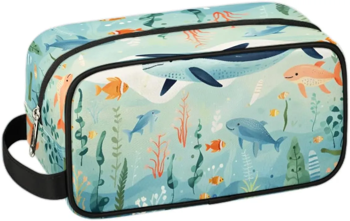 Travel Toiletry Bag for Women Men Ocean Whale Fish Hanging Cosmetic Bag Waterproof Makeup Bag for Shaving Makeup Toothbrush & Travel Essentials