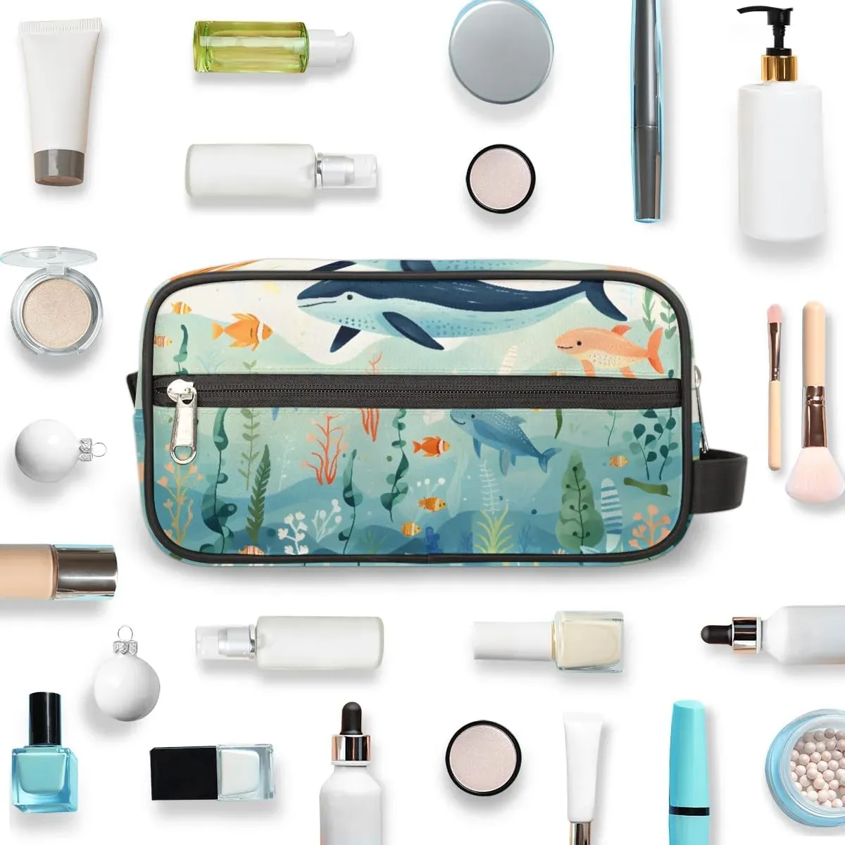 Travel Toiletry Bag for Women Men Ocean Whale Fish Hanging Cosmetic Bag Waterproof Makeup Bag for Shaving Makeup Toothbrush & Travel Essentials
