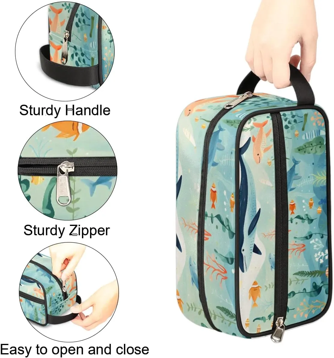 Travel Toiletry Bag for Women Men Ocean Whale Fish Hanging Cosmetic Bag Waterproof Makeup Bag for Shaving Makeup Toothbrush & Travel Essentials