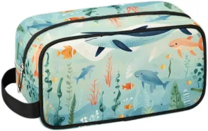 Travel Toiletry Bag for Women Men Ocean Whale Fish Hanging Cosmetic Bag Waterproof Makeup Bag for Shaving Makeup Toothbrush & Travel Essentials