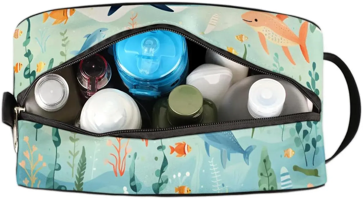 Travel Toiletry Bag for Women Men Ocean Whale Fish Hanging Cosmetic Bag Waterproof Makeup Bag for Shaving Makeup Toothbrush & Travel Essentials