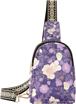 Trendy Purple Vintage Flower body fanny pack leather bag for women crossbody for hiking