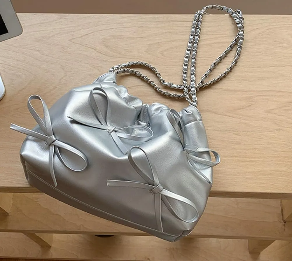 Trendy Small Purses Soft Leather Pleated Bucket Bags Shoulder Bag with Chain Cute Hobo Solid Shoulder Bags for Women