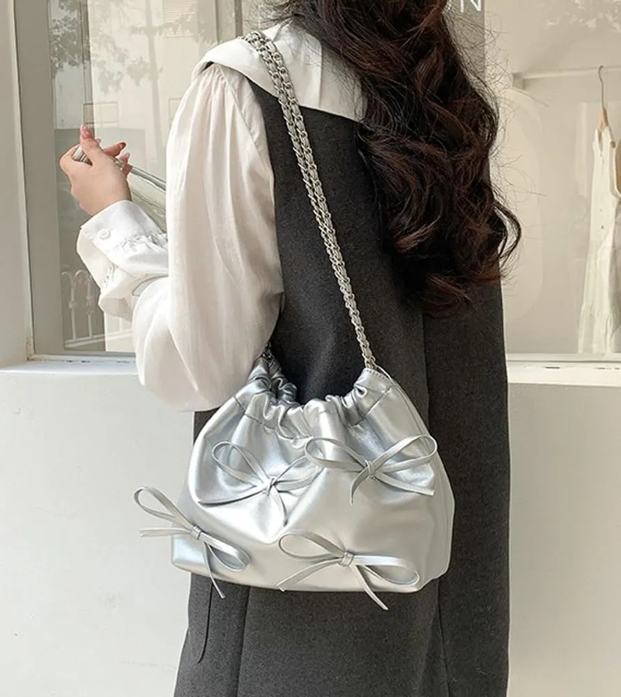 Trendy Small Purses Soft Leather Pleated Bucket Bags Shoulder Bag with Chain Cute Hobo Solid Shoulder Bags for Women