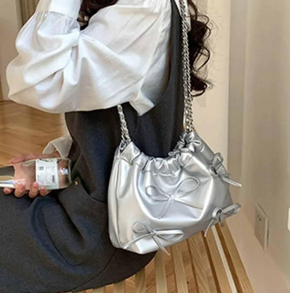 Trendy Small Purses Soft Leather Pleated Bucket Bags Shoulder Bag with Chain Cute Hobo Solid Shoulder Bags for Women