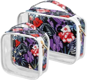 Tropical-floral-patchwork-print 2 Pieces Clear Makeup Cosmetic Bags for Traveling Vacation Organizing, Toiletry Bags for Women Men, PVC Waterproof Travel Organizer