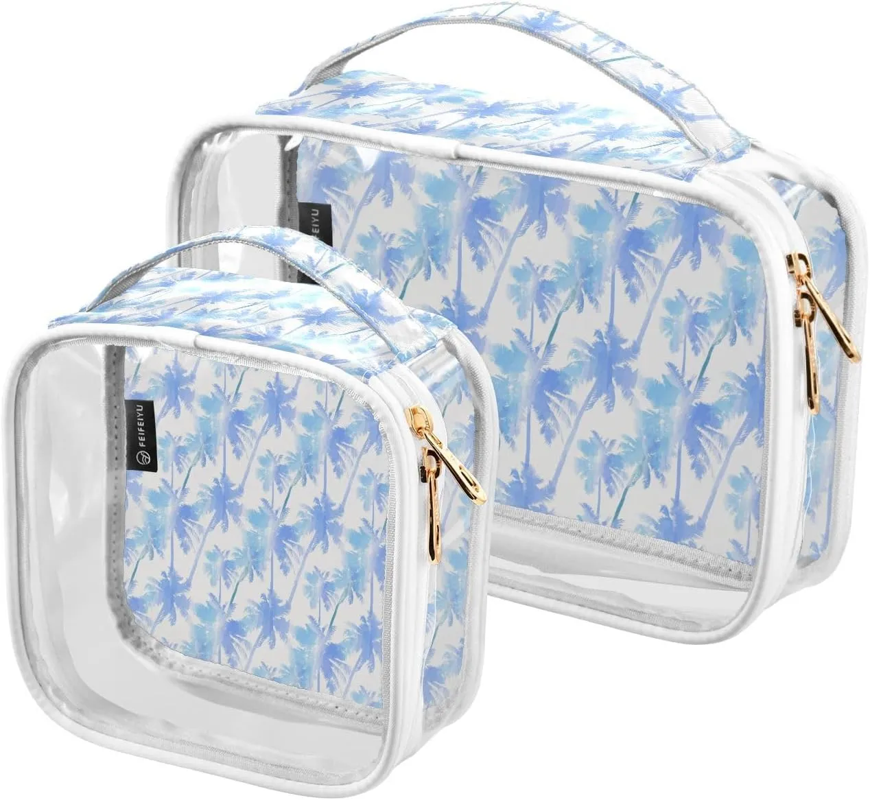Tropical Pattern Of Imitation Of Palms 2 Pieces Clear Makeup Cosmetic Bags for Traveling Vacation Organizing, Toiletry Bags for Women Men, PVC Waterproof Travel Organizer