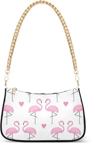 Tropical Trendy Flamingos and Hearts Shoulder Handbags for Women Travel Hobo Tote Handbag Women Gold Chain Shoulder Bags Purse with Zipper Closure