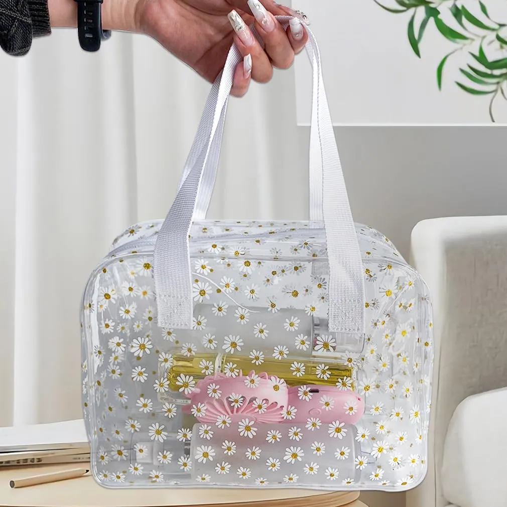 TSA Approved Toiletry Cosmetic Bags Daisy Printed PVC osmetic Bag with Handle PVC Makeup Bags with Zipper for women B097-7582 (2pcs transparent)