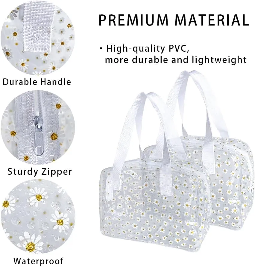 TSA Approved Toiletry Cosmetic Bags Daisy Printed PVC osmetic Bag with Handle PVC Makeup Bags with Zipper for women B097-7582 (2pcs transparent)