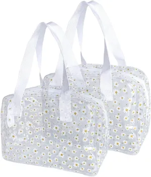 TSA Approved Toiletry Cosmetic Bags Daisy Printed PVC osmetic Bag with Handle PVC Makeup Bags with Zipper for women B097-7582 (2pcs transparent)