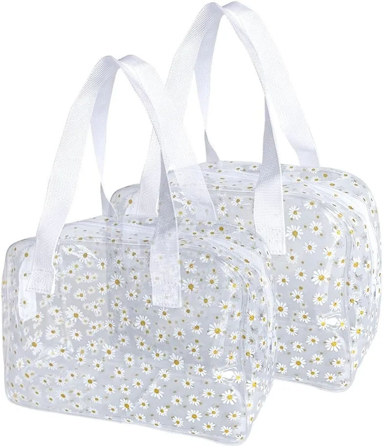 TSA Approved Toiletry Cosmetic Bags Daisy Printed PVC osmetic Bag with Handle PVC Makeup Bags with Zipper for women B097-7582 (2pcs transparent)
