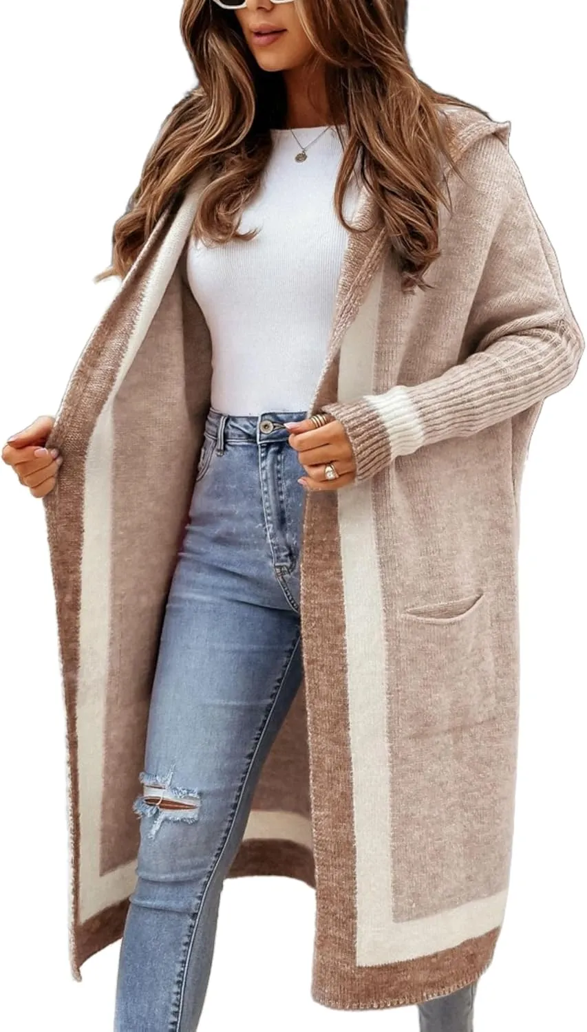 Unilexi Womens Loose Colorful Long Cardigan Sweater Oversized Striped Open Front Hooded with Pockets