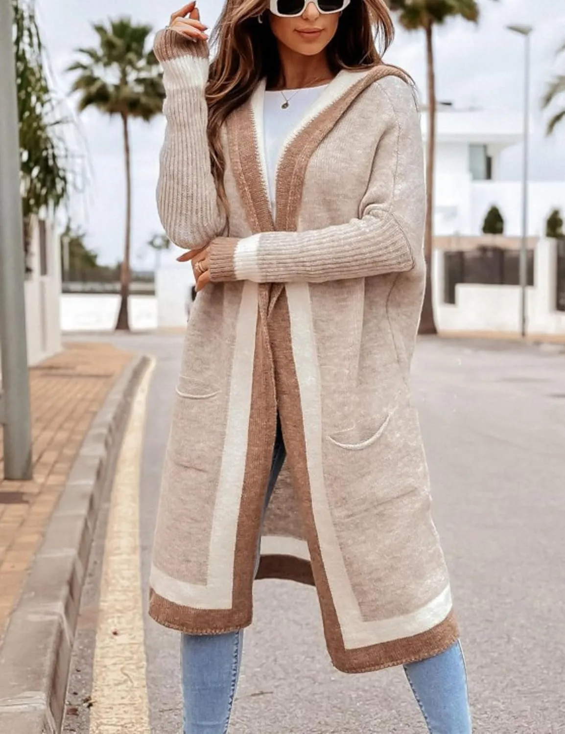 Unilexi Womens Loose Colorful Long Cardigan Sweater Oversized Striped Open Front Hooded with Pockets