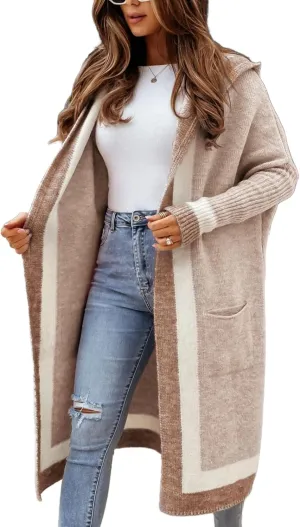 Unilexi Womens Loose Colorful Long Cardigan Sweater Oversized Striped Open Front Hooded with Pockets