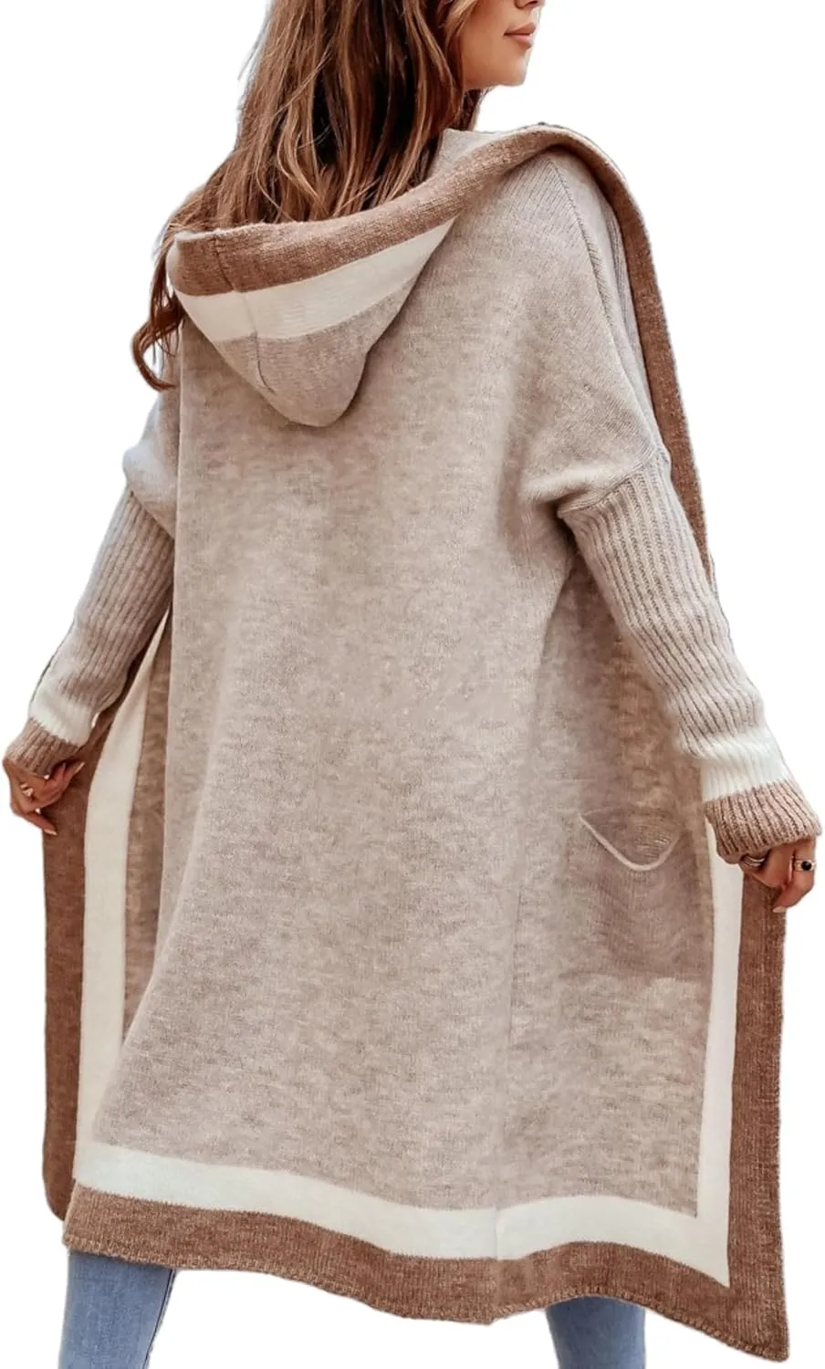Unilexi Womens Loose Colorful Long Cardigan Sweater Oversized Striped Open Front Hooded with Pockets