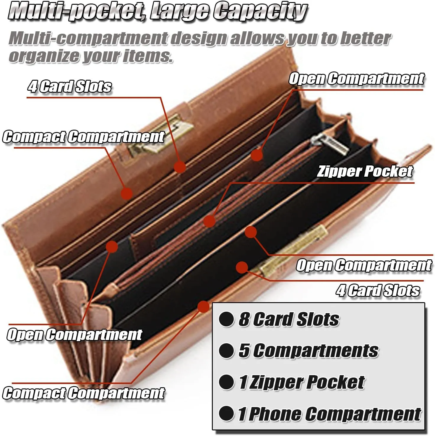 Vintage Genuine Leather Clutch Purse for Women Ladies Cell Phone Handbag Credit Card Holder Wallet with Multi Compartments
