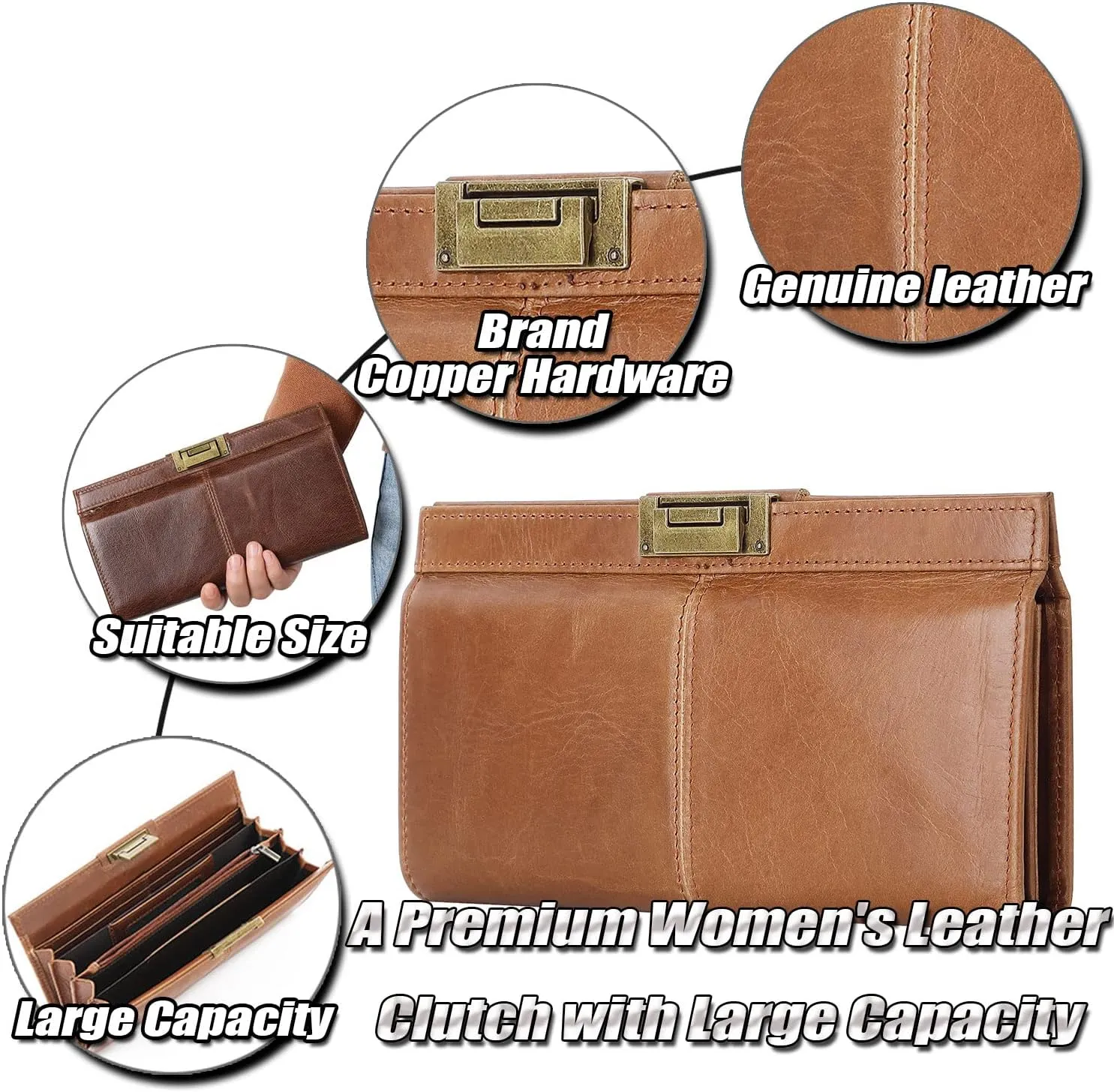 Vintage Genuine Leather Clutch Purse for Women Ladies Cell Phone Handbag Credit Card Holder Wallet with Multi Compartments