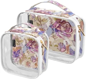 Vintage Roses 2 Pieces Clear Makeup Cosmetic Bags for Traveling Vacation Organizing, Toiletry Bags for Women Men, PVC Waterproof Travel Organizer