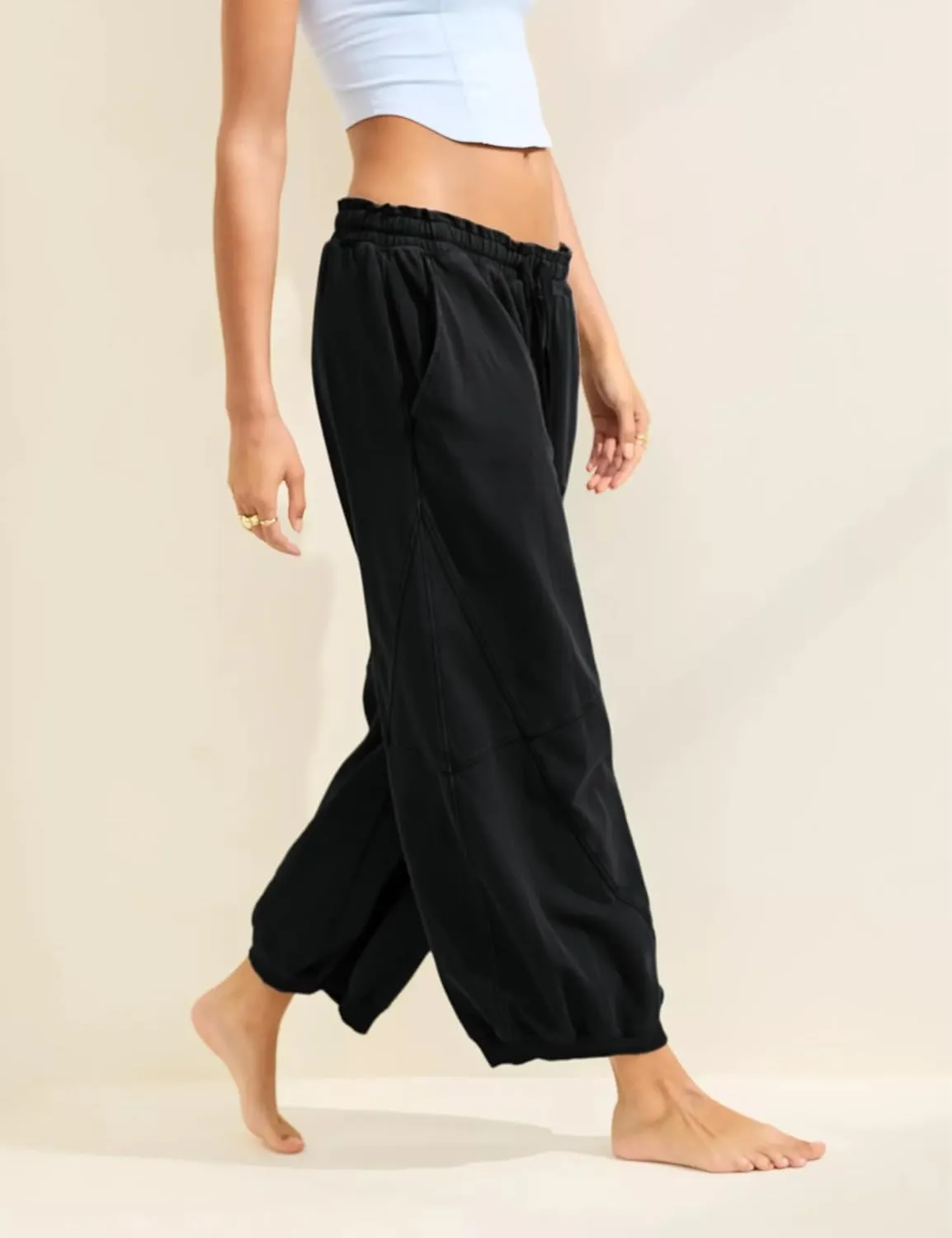Watashi Women Wide Leg Pants Casual Elastic Wasited Summer Trouser Slacks Beach Palazzo Harem Pants