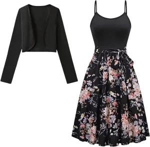 WDIRARA Women's 2 Piece Outfits Floral Print Belted Midi Dress and Long Sleeve Cardigan Sets
