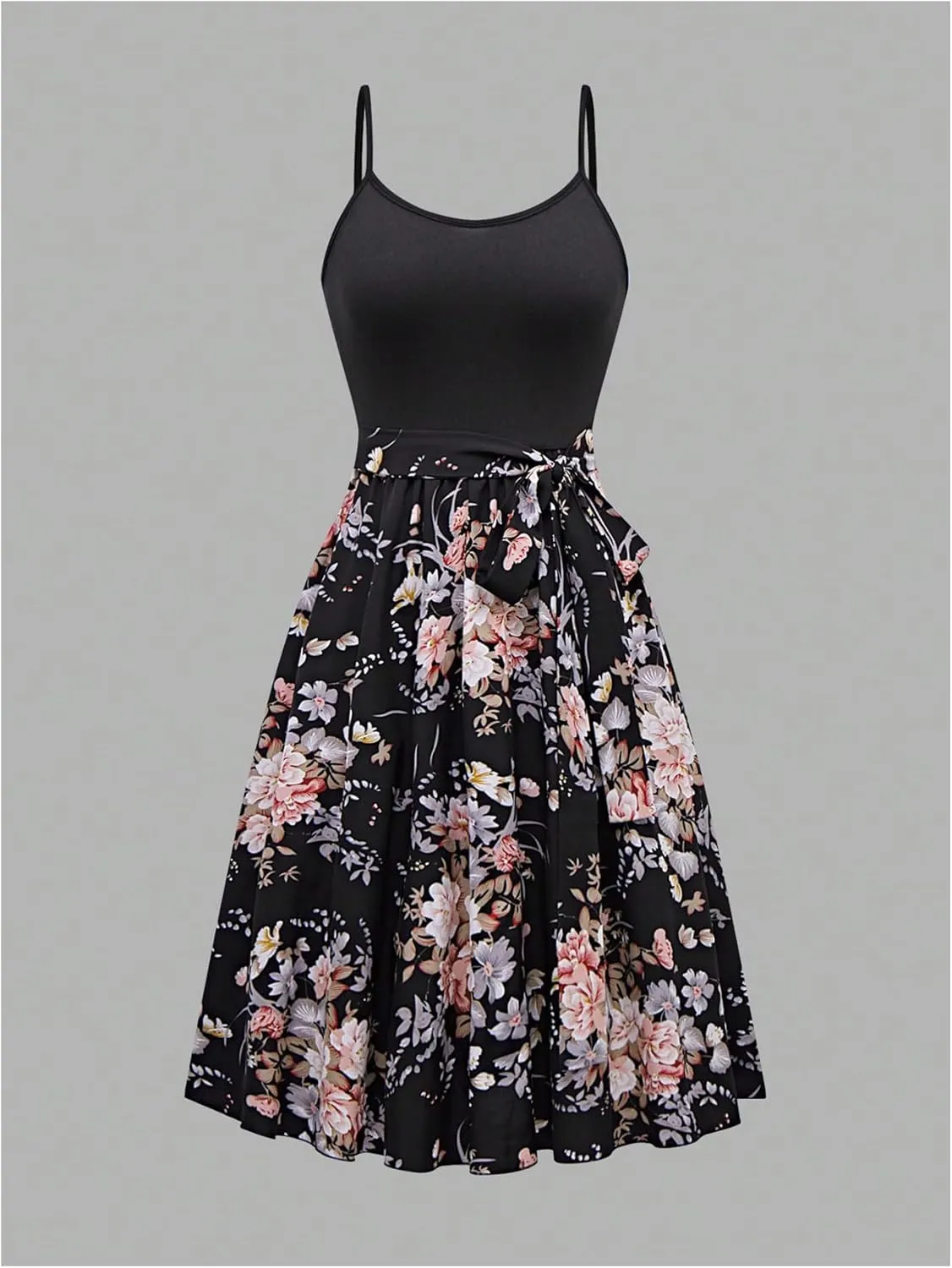 WDIRARA Women's 2 Piece Outfits Floral Print Belted Midi Dress and Long Sleeve Cardigan Sets