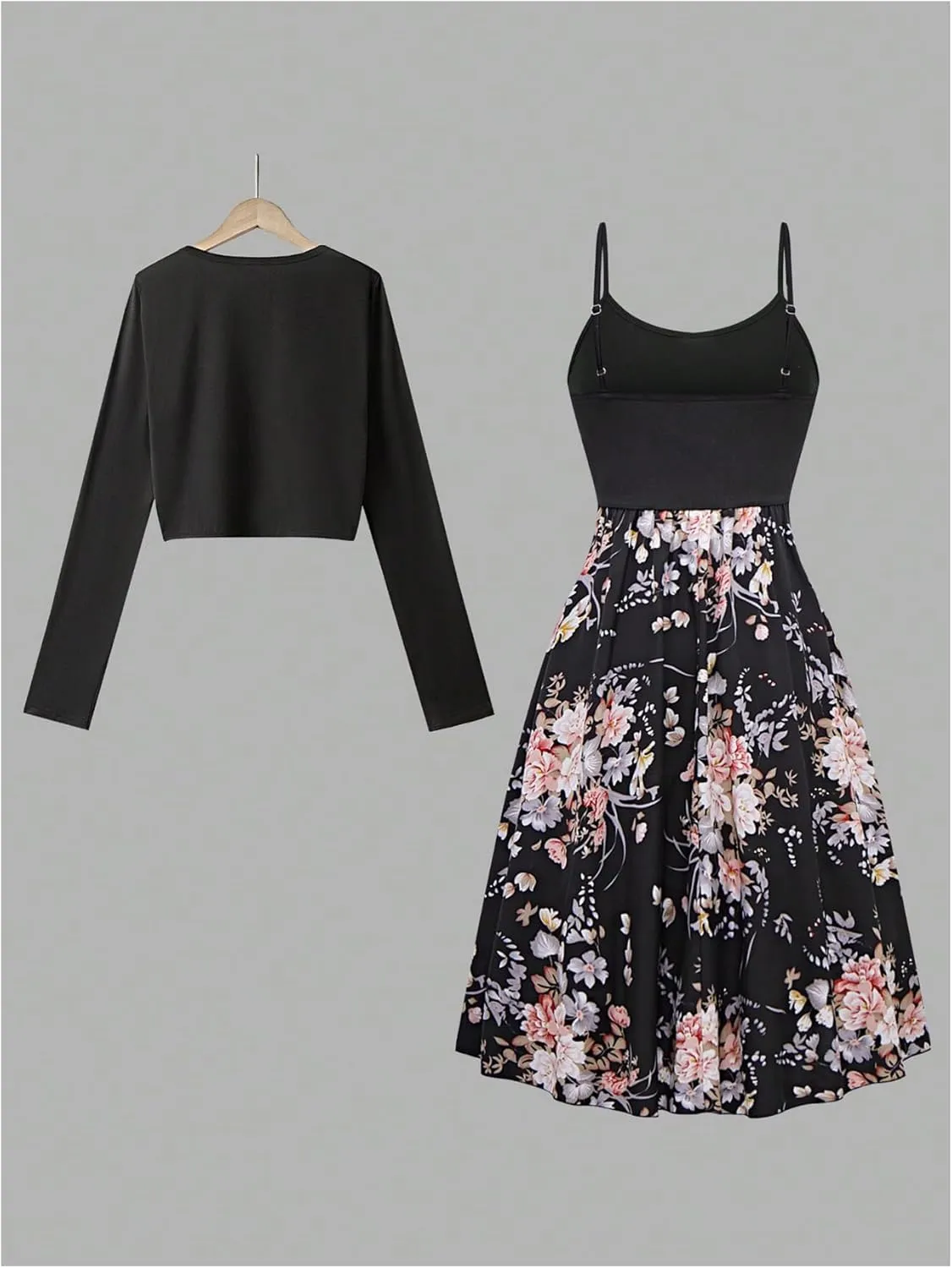 WDIRARA Women's 2 Piece Outfits Floral Print Belted Midi Dress and Long Sleeve Cardigan Sets