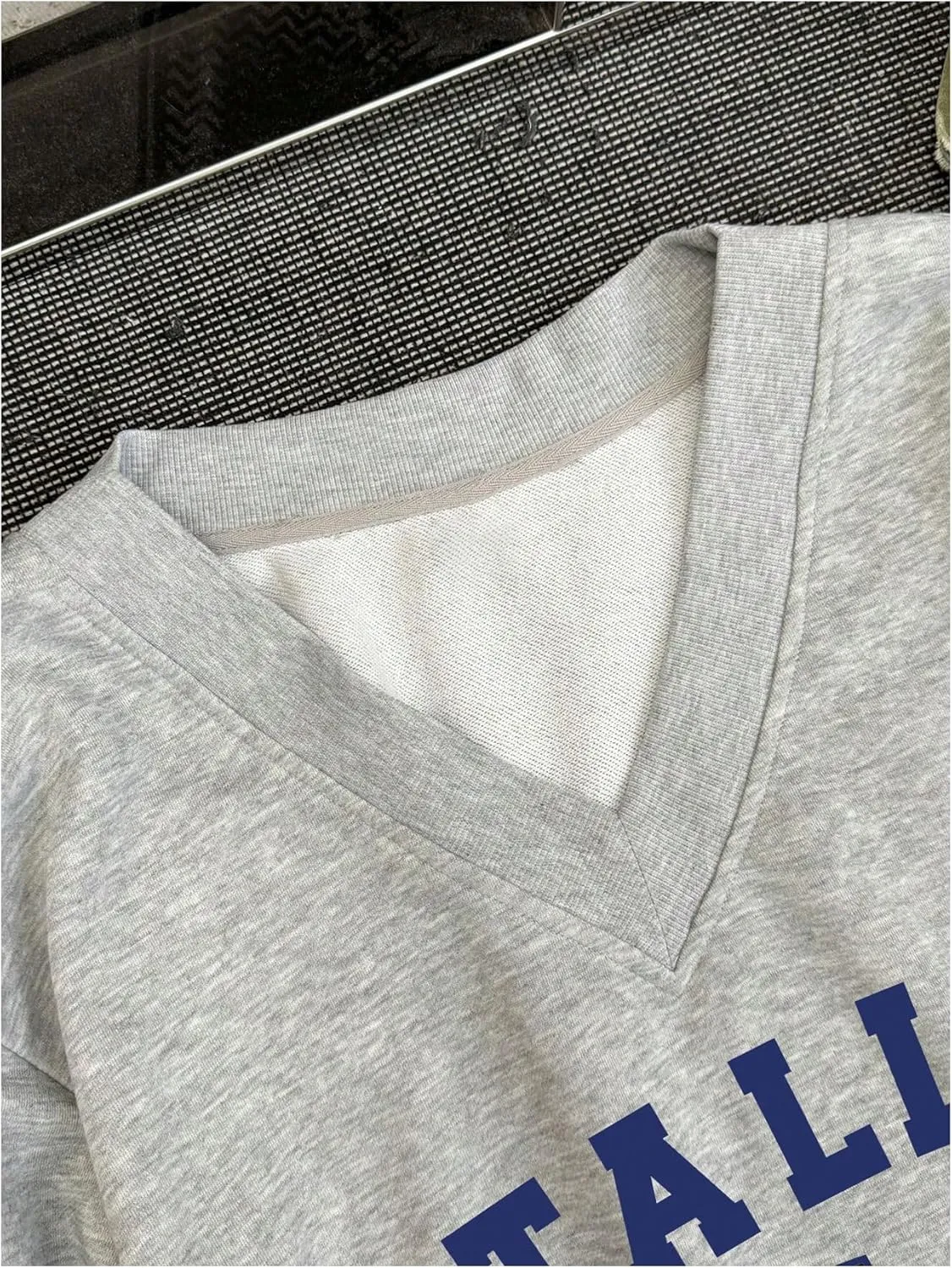 WDIRARA Women's V Neck Letter Graphic Oversized Sweatshirt Long Sleeve Drop Shoulder Pullover Top