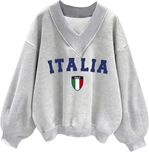 WDIRARA Women's V Neck Letter Graphic Oversized Sweatshirt Long Sleeve Drop Shoulder Pullover Top