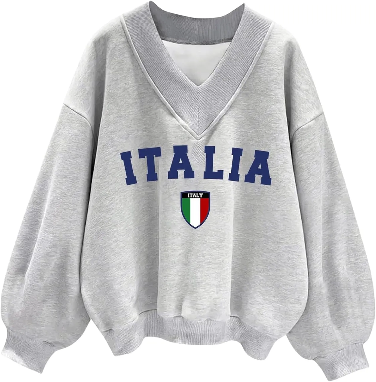 WDIRARA Women's V Neck Letter Graphic Oversized Sweatshirt Long Sleeve Drop Shoulder Pullover Top
