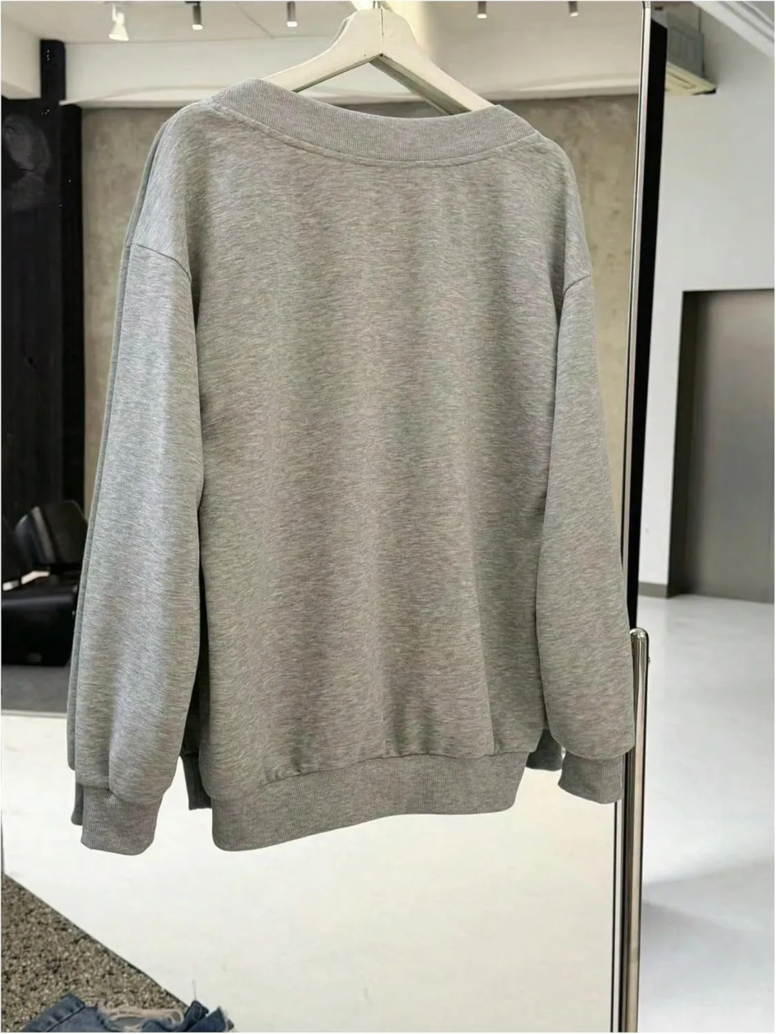 WDIRARA Women's V Neck Letter Graphic Oversized Sweatshirt Long Sleeve Drop Shoulder Pullover Top