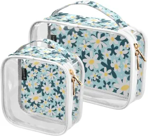 White Daisies Blue 2 Pieces Clear Makeup Cosmetic Bags for Traveling Vacation Organizing, Toiletry Bags for Women Men, PVC Waterproof Travel Organizer