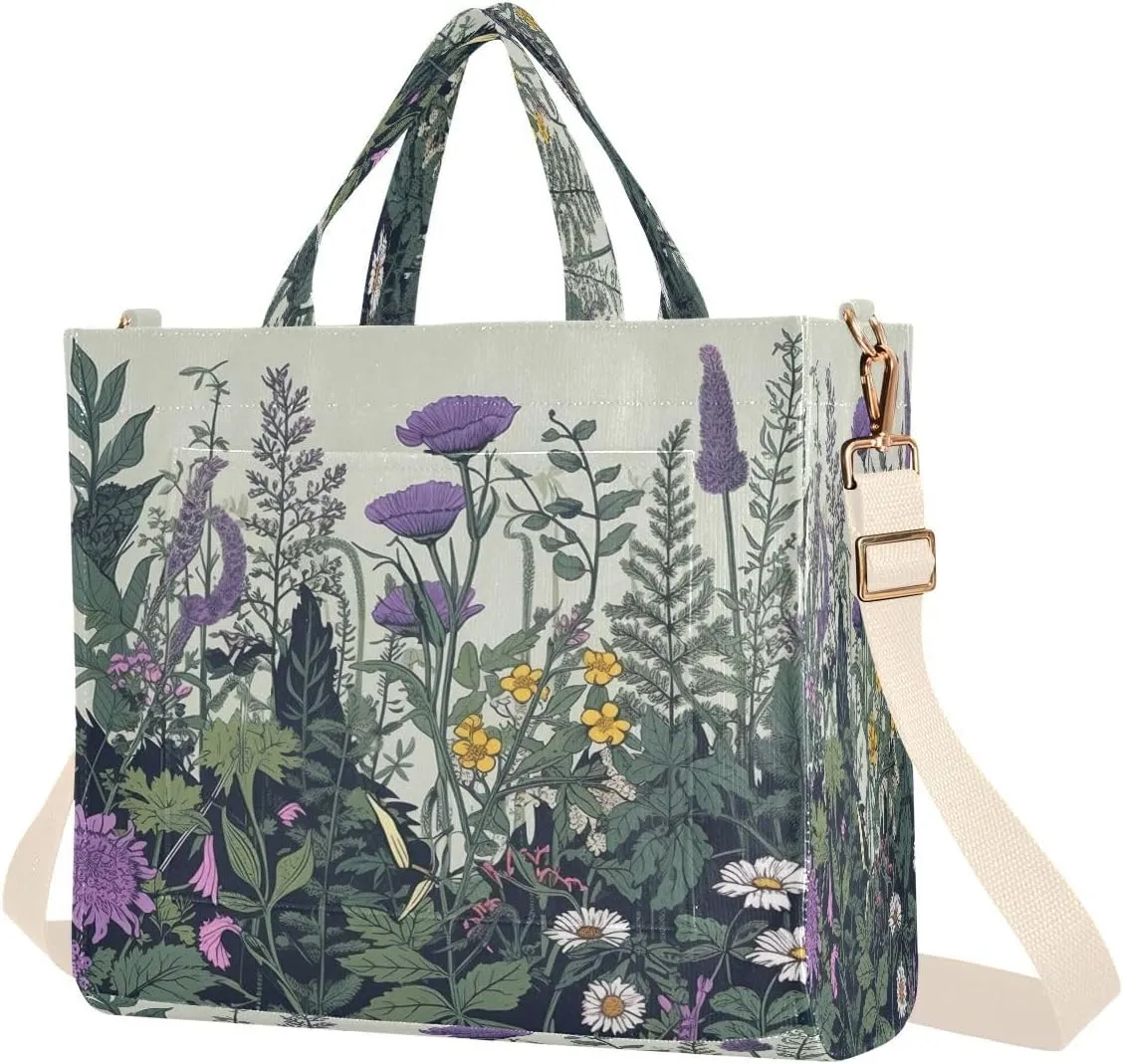 Wildflowers and Herbs Corduroy Tote Bag for Women Hobo Crossbody Bag Purse Stylish Shoulder Handbag Messenger Bags, S