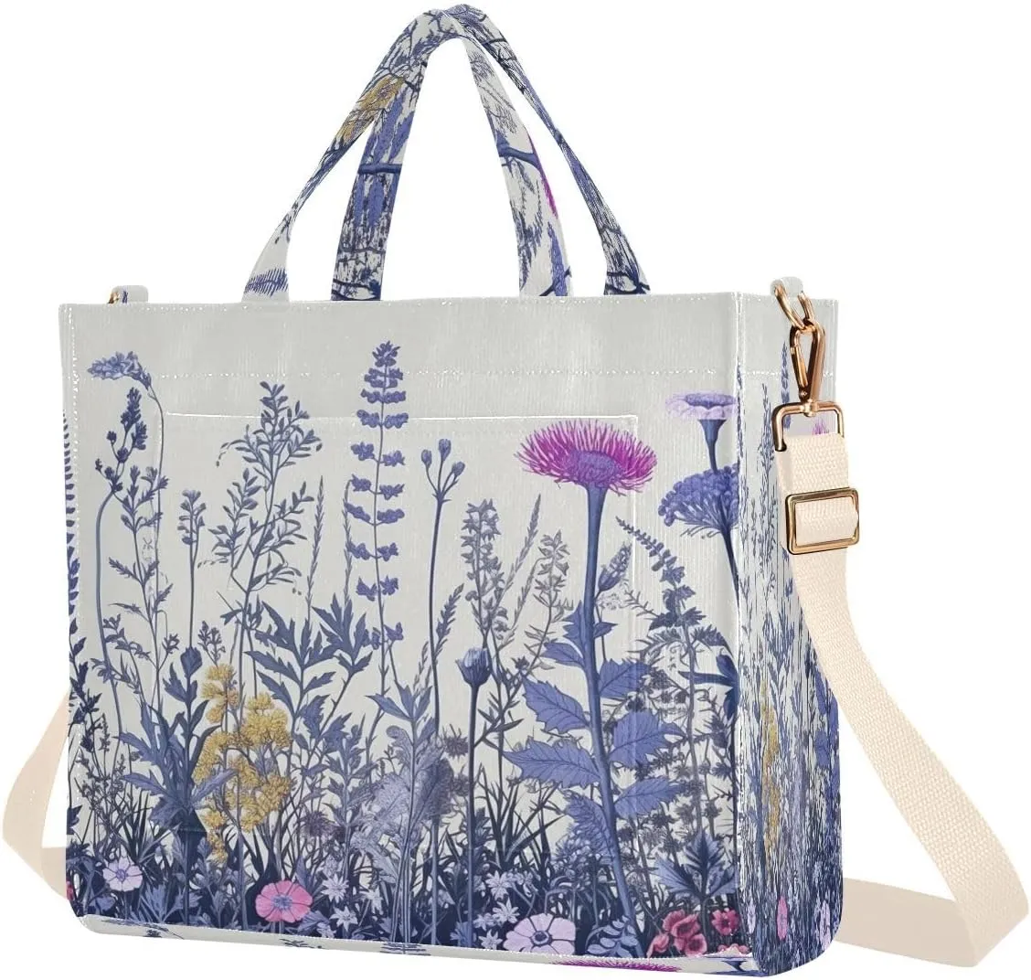 Wildflowers and Herbs Corduroy Tote Bag for Women Hobo Crossbody Bag Purse Stylish Shoulder Handbag Messenger Bags, S
