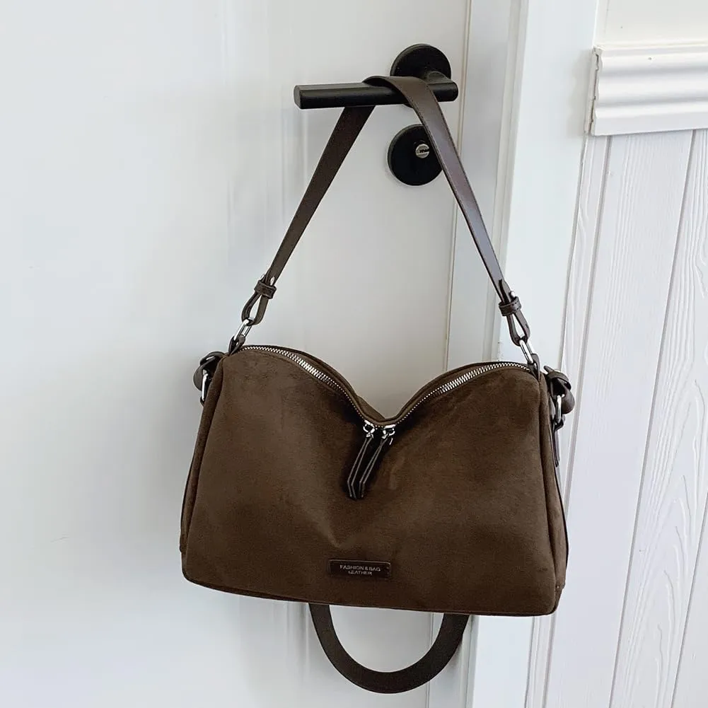 Women Faux Suede Fashion Shoulder Bag Large Capacity Stylish Messenger Bag Adjustable Strap Vintage Tote Handbag Zip
