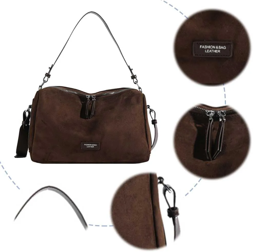 Women Faux Suede Fashion Shoulder Bag Large Capacity Stylish Messenger Bag Adjustable Strap Vintage Tote Handbag Zip