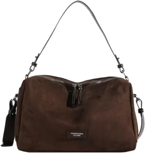 Women Faux Suede Fashion Shoulder Bag Large Capacity Stylish Messenger Bag Adjustable Strap Vintage Tote Handbag Zip