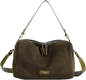 Women Faux Suede Fashion Shoulder Bag Large Capacity Stylish Messenger Bag Adjustable Strap Vintage Tote Handbag Zip