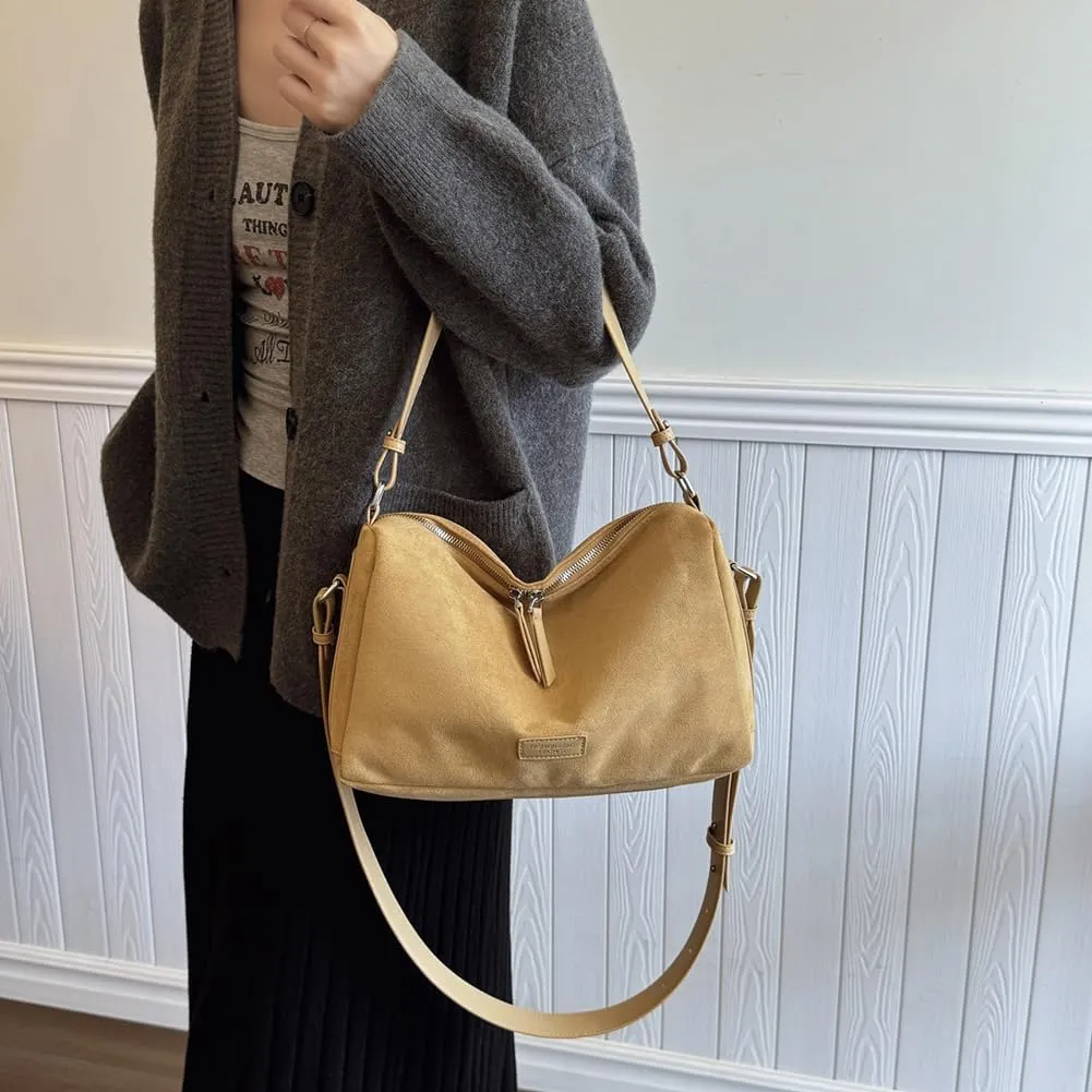 Women Faux Suede Fashion Shoulder Bag Large Capacity Stylish Messenger Bag Adjustable Strap Vintage Tote Handbag Zip
