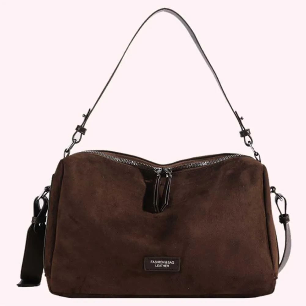 Women Faux Suede Fashion Shoulder Bag Large Capacity Stylish Messenger Bag Adjustable Strap Vintage Tote Handbag Zip