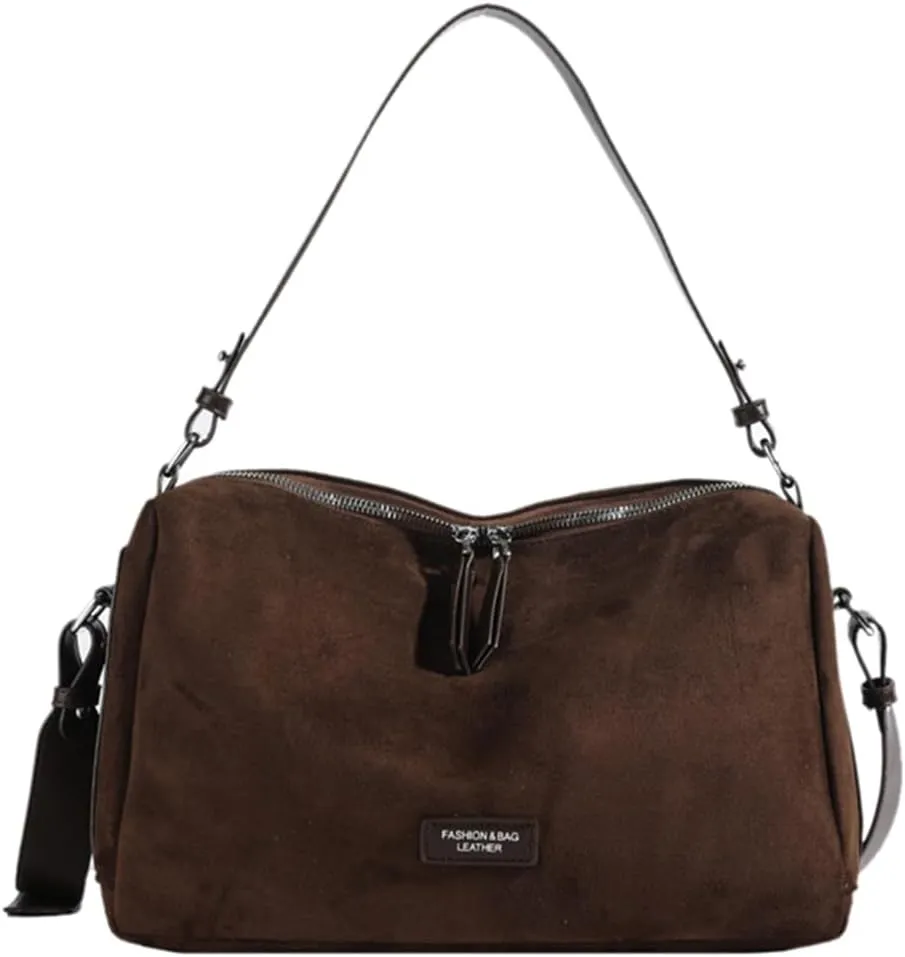 Women Faux Suede Fashion Shoulder Bag Large Capacity Stylish Messenger Bag Adjustable Strap Vintage Tote Handbag Zip