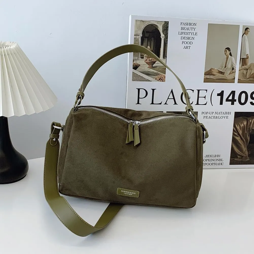 Women Faux Suede Fashion Shoulder Bag Large Capacity Stylish Messenger Bag Adjustable Strap Vintage Tote Handbag Zip