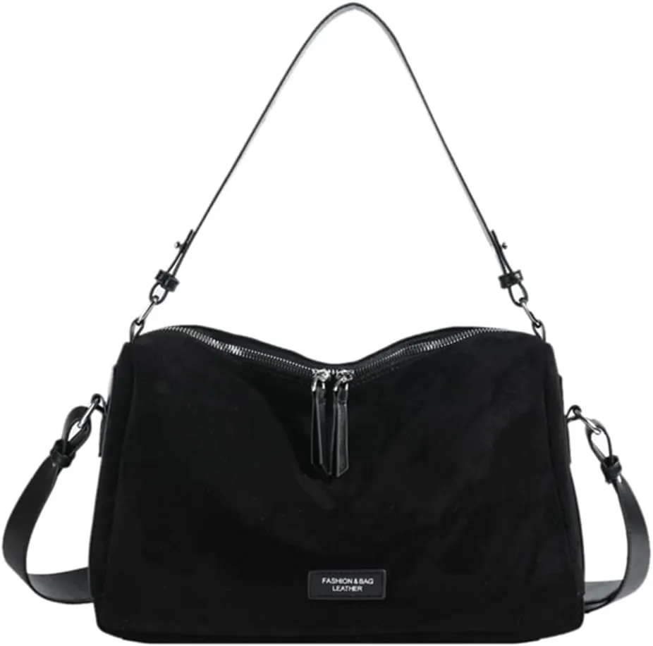 Women Faux Suede Fashion Shoulder Bag Large Capacity Stylish Messenger Bag Adjustable Strap Vintage Tote Handbag Zip